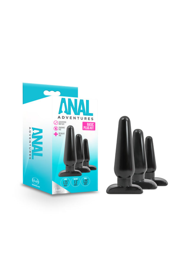 Anal Adventures Basic Plug Kit - Black Butt Plugs - Set of 3 Sizes