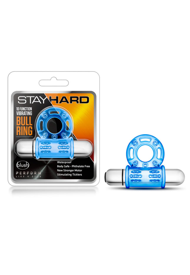 Stay Hard 10-Function Vibrating Bull Ring - Blue Vibrating Cock Ring
