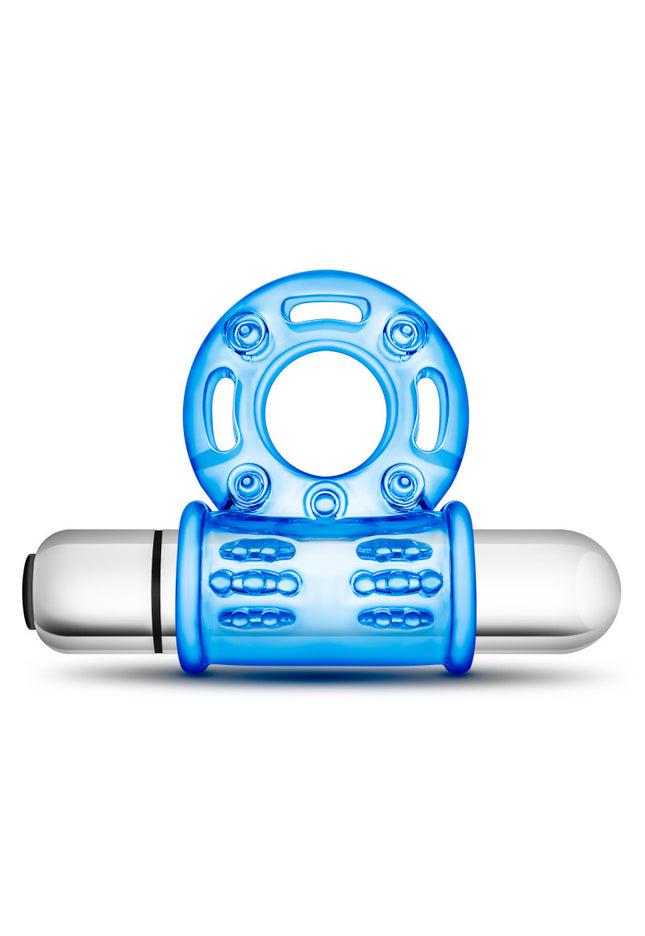 Stay Hard 10-Function Vibrating Bull Ring - Blue Vibrating Cock Ring