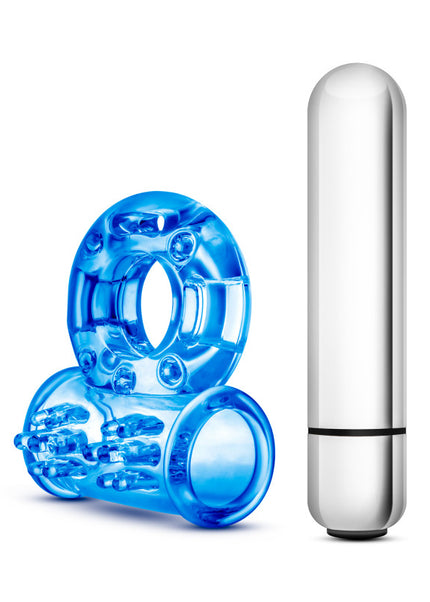 Stay Hard 10-Function Vibrating Bull Ring - Blue Vibrating Cock Ring