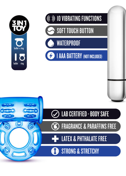 Stay Hard 10-Function Vibrating Bull Ring - Blue Vibrating Cock Ring