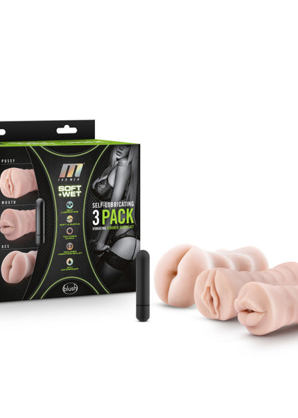 M For Men 3-Pack Self-Lubricating Vibrating Strokers - Flesh Vibrating Strokers - 3 Pack