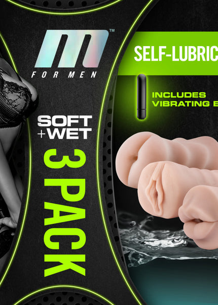 M For Men 3-Pack Self-Lubricating Vibrating Strokers - Flesh Vibrating Strokers - 3 Pack
