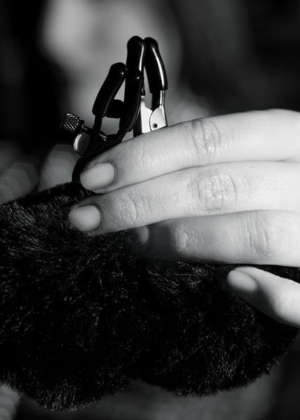Noir Pom Adjustable Nipple Clamps - Black Furry Nipple Clamps