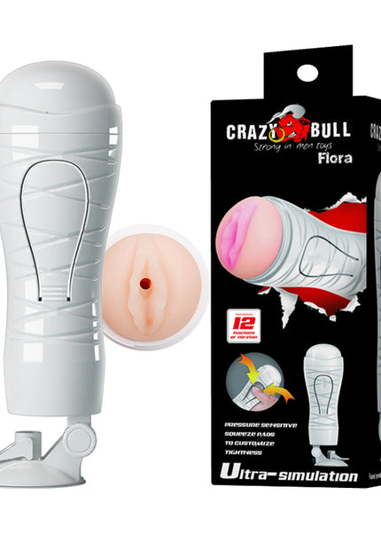 CRAZY BULL FLORA Vibrating Stroker - Flesh USB Rechargeable Vibrating Squeezeable Vagina Stroker with Suction Base
