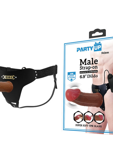 Party Up NELSON Vibrating Strap-On - Brown 17.5 cm Vibrating Hollow Strap-On