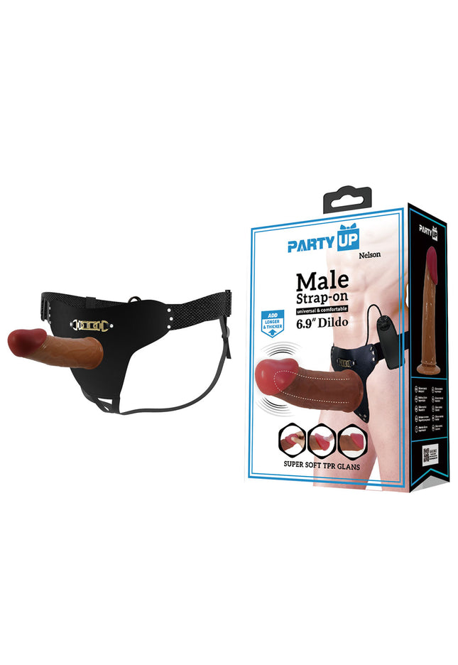 Party Up NELSON Vibrating Strap-On - Brown 17.5 cm Vibrating Hollow Strap-On