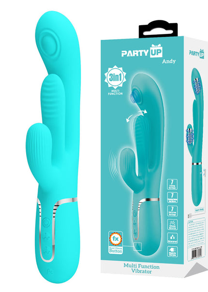 Party Up ANDY Multi Function Vibrator - Teal - Teal 22.2 cm USB Rechargeable Rabbit Vibrator with Flicking and Thumping Tip