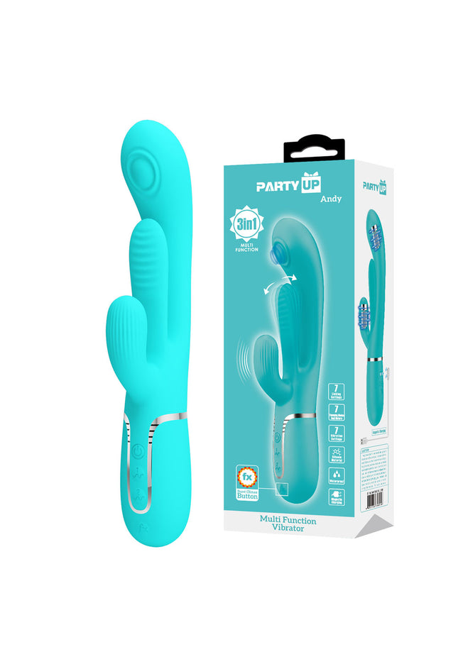 Party Up ANDY Multi Function Vibrator - Teal - Teal 22.2 cm USB Rechargeable Rabbit Vibrator with Flicking and Thumping Tip