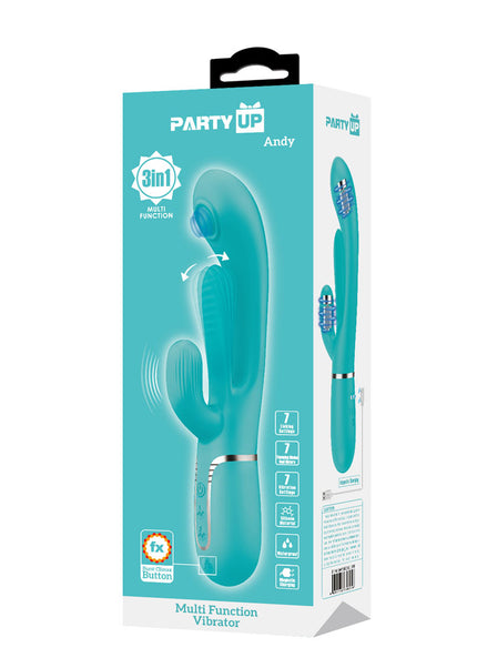 Party Up ANDY Multi Function Vibrator - Teal - Teal 22.2 cm USB Rechargeable Rabbit Vibrator with Flicking and Thumping Tip