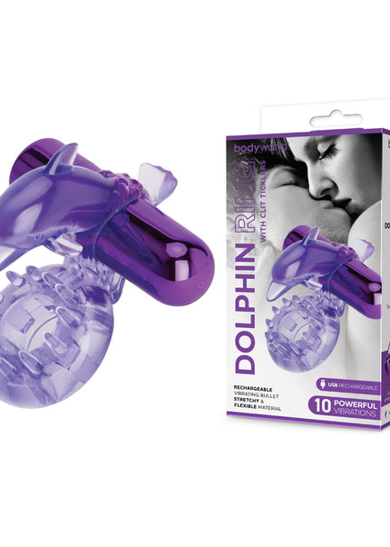 Bodywand Rechargeable Dolphin Ring with Clit Ticklers - Purple USB Rechargeable Vibrating Cock Ring