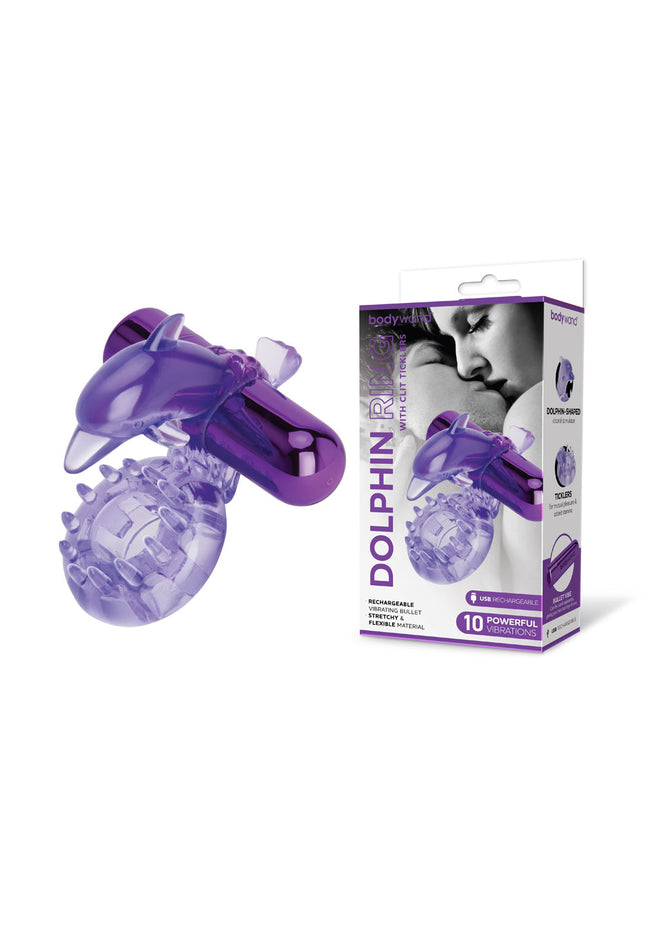 Bodywand Rechargeable Dolphin Ring with Clit Ticklers - Purple USB Rechargeable Vibrating Cock Ring
