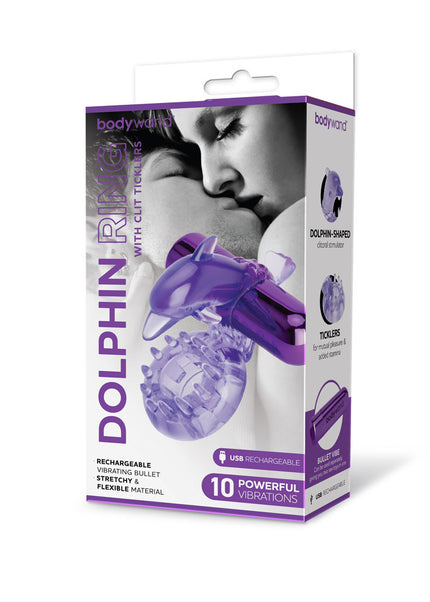 Bodywand Rechargeable Dolphin Ring with Clit Ticklers - Purple USB Rechargeable Vibrating Cock Ring