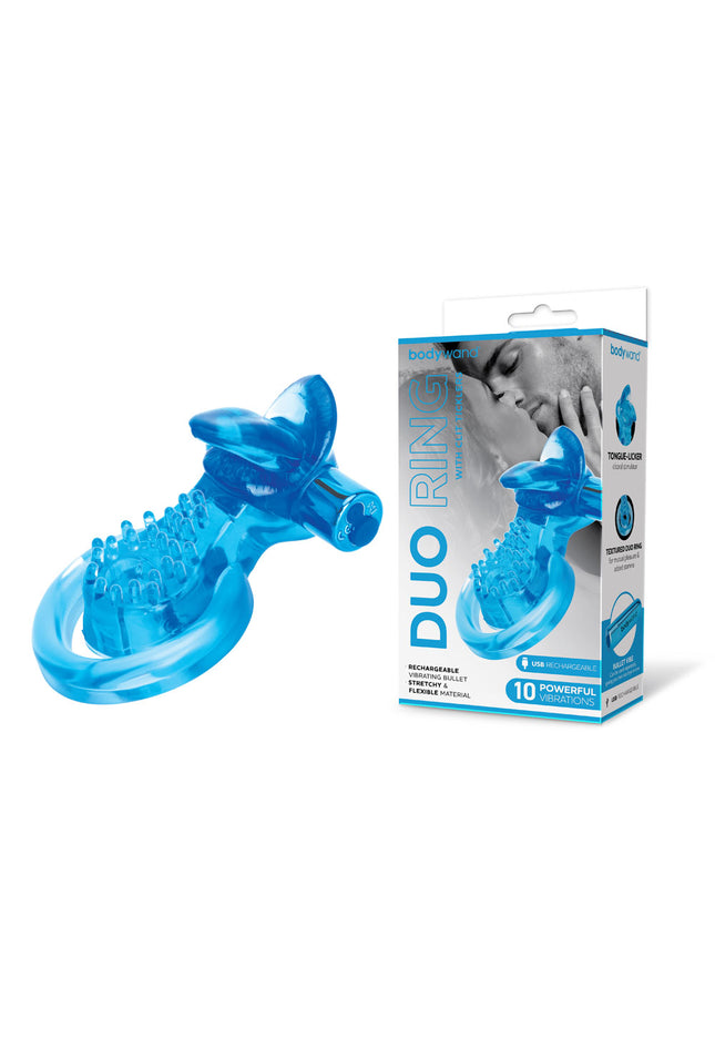 Bodywand Rechargeable Duo Ring with Clit Tickler - Blue USB Rechargeable Vibrating Cock Ring