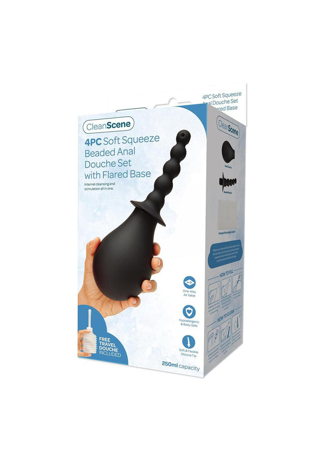 CleanScene 4 Piece Soft Squeeze Beaded Anal Douche Set with Flared Base - 250 ml Capacity with Free Travel Douche Included