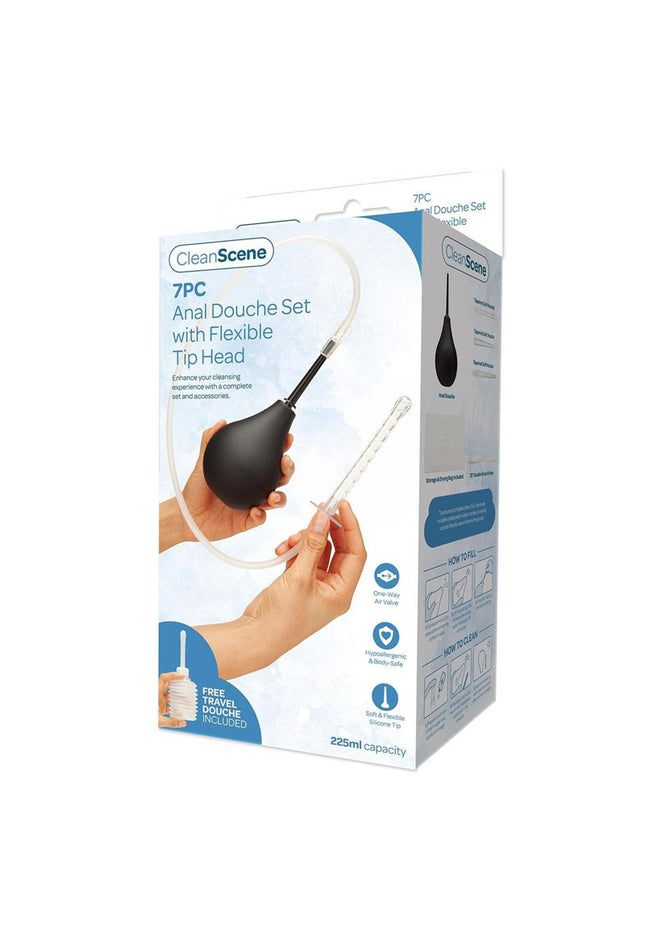CleanScene 7 Piece Anal Douche Set with Flexible Tip Head - 225 ml Capacity with Free Travel Douche Included