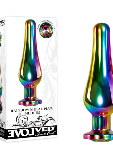Evolved Rainbow Metal Plug - Medium - Coloured 11.1 cm Medium Butt Plug with Gem Base