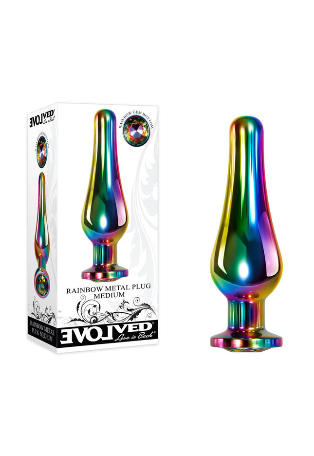 Evolved Rainbow Metal Plug - Medium - Coloured 11.1 cm Medium Butt Plug with Gem Base
