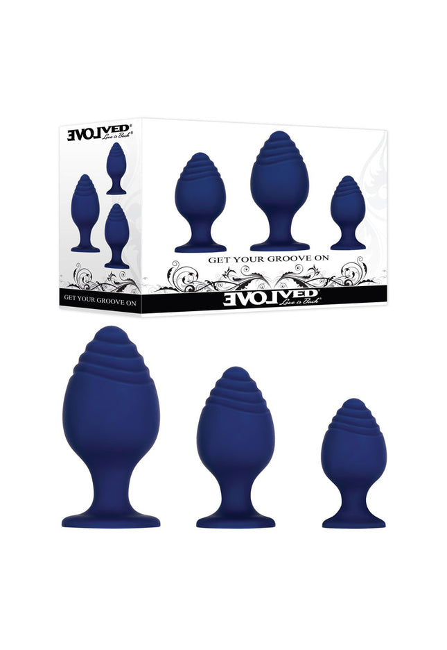 Evolved GET YOUR GROOVE ON - Blue Butt Plugs - Set of 3 Sizes