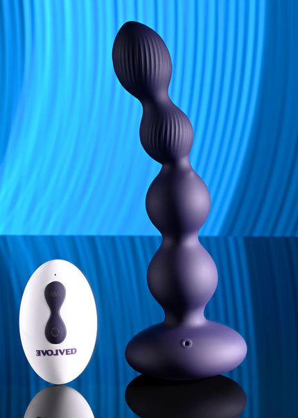 Evolved PLEASURE ORBIT - Navy Blue 17.8 cm USB Rechargeable Twirling & Vibrating Anal Beads with Remote