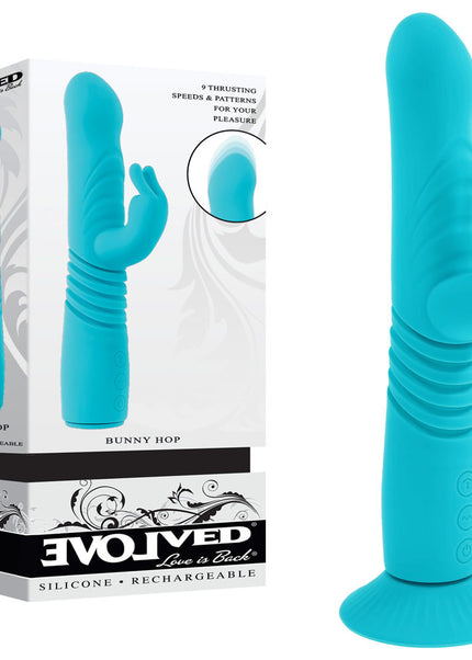 Evolved BUNNY HOP - Teal 25.1 cm USB Rechargeable Thrusting Rabbit Vibrator with Suction Base