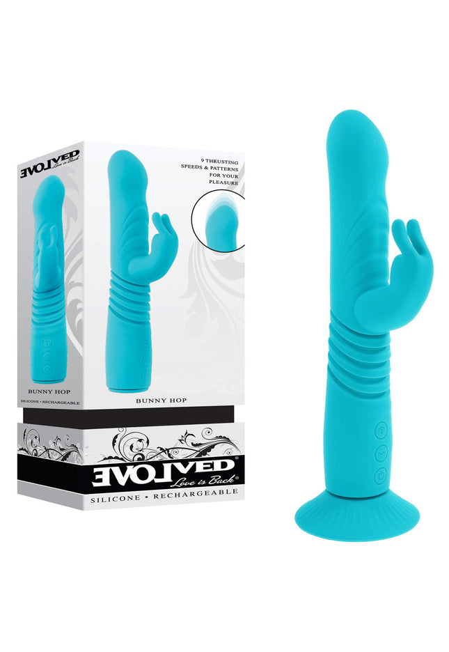 Evolved BUNNY HOP - Teal 25.1 cm USB Rechargeable Thrusting Rabbit Vibrator with Suction Base