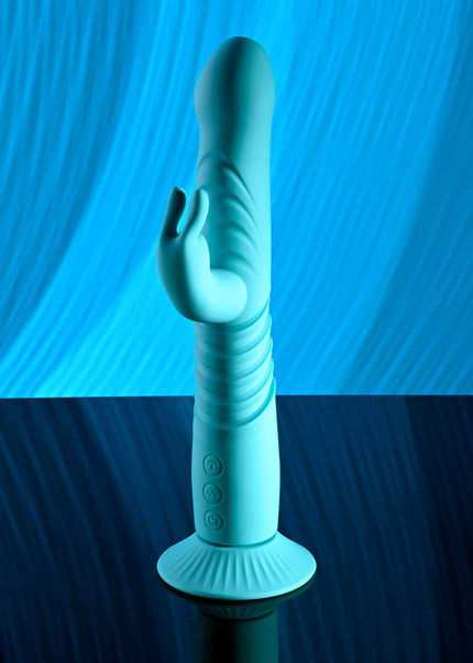 Evolved BUNNY HOP - Teal 25.1 cm USB Rechargeable Thrusting Rabbit Vibrator with Suction Base