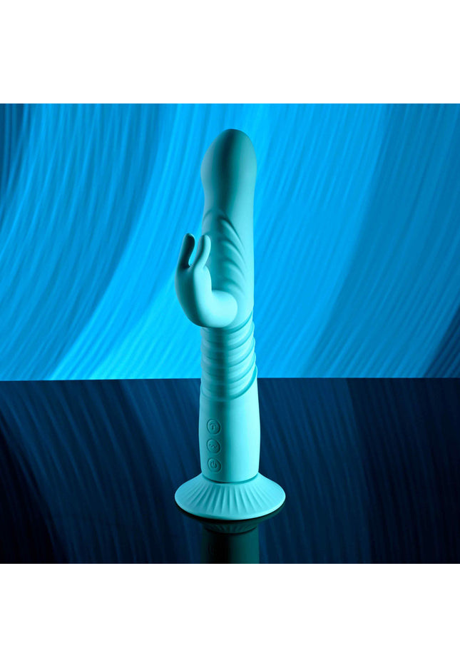 Evolved BUNNY HOP - Teal 25.1 cm USB Rechargeable Thrusting Rabbit Vibrator with Suction Base