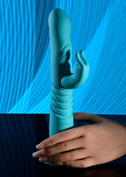 Evolved BUNNY HOP - Teal 25.1 cm USB Rechargeable Thrusting Rabbit Vibrator with Suction Base