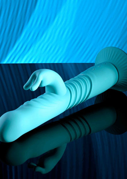 Evolved BUNNY HOP - Teal 25.1 cm USB Rechargeable Thrusting Rabbit Vibrator with Suction Base