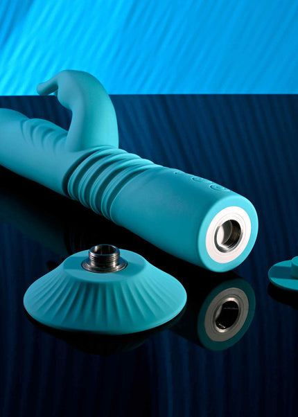 Evolved BUNNY HOP - Teal 25.1 cm USB Rechargeable Thrusting Rabbit Vibrator with Suction Base