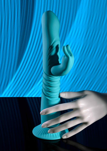 Evolved BUNNY HOP - Teal 25.1 cm USB Rechargeable Thrusting Rabbit Vibrator with Suction Base