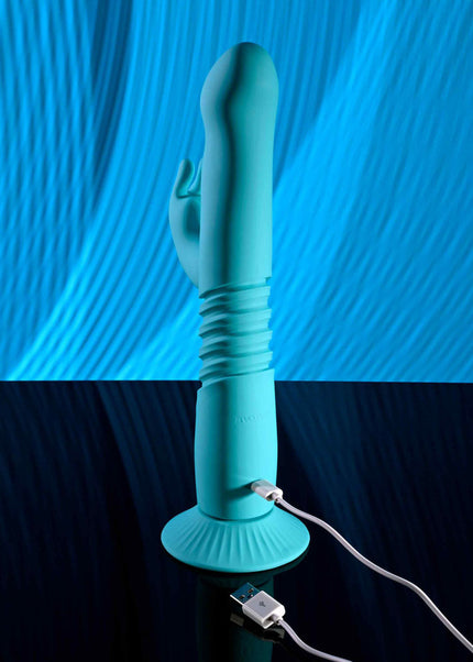 Evolved BUNNY HOP - Teal 25.1 cm USB Rechargeable Thrusting Rabbit Vibrator with Suction Base