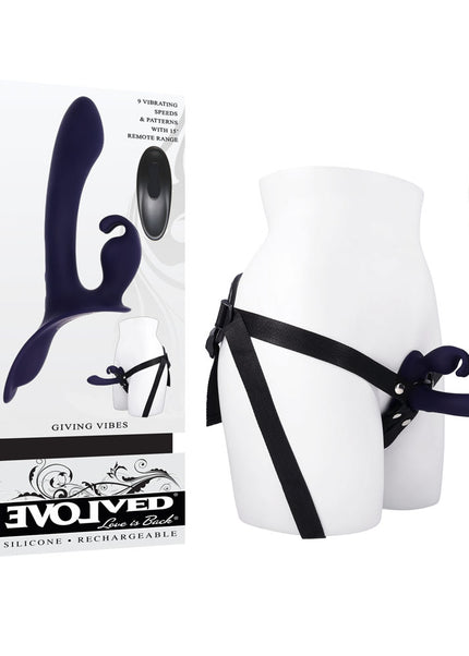 Evolved GIVING VIBES - Black 14.6 cm USB Rechargeable Vibrating Strap-On with Remote
