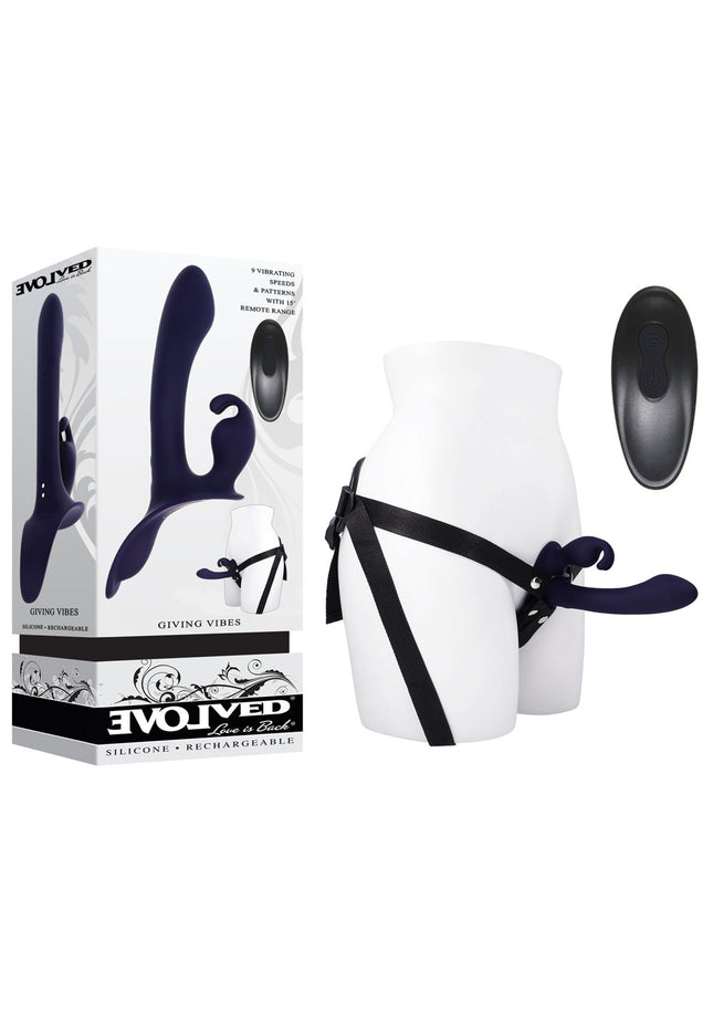 Evolved GIVING VIBES - Black 14.6 cm USB Rechargeable Vibrating Strap-On with Remote