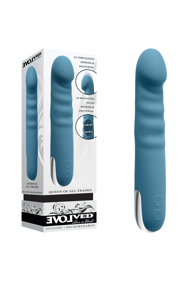 Evolved QUEEN OF ALL TRADES - Blue 22.6 cm USB Rechargeable Thrusting & Rotating Vibrator
