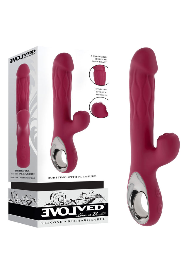 Evolved BURSTING WITH PLEASURE - Red 25.4 cm USB Rechargeable Vibrator with Tapping Clitoral Stimulator