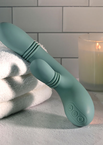 Evolved RUB ME TENDER - Green USB Rechargeable Gyrating & Thrusting Rabbit Vibrator