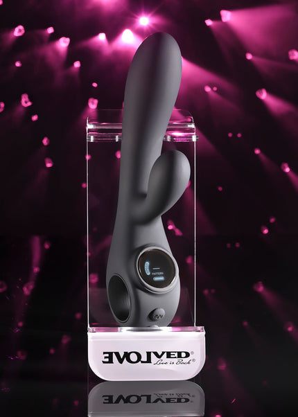 Evolved BLACK MAGIC - Black 20 cm USB Rechargeable Rabbit Vibrator with LED Screen