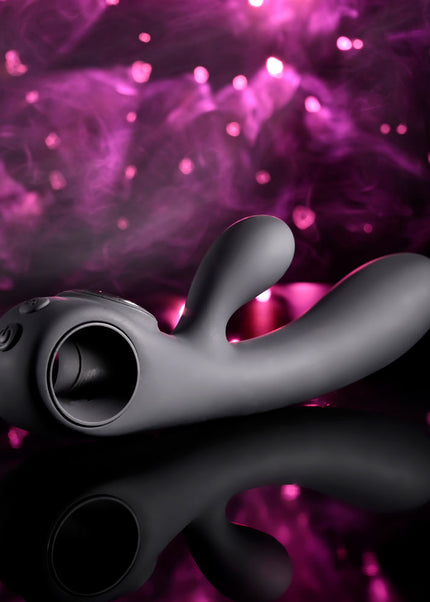 Evolved BLACK MAGIC - Black 20 cm USB Rechargeable Rabbit Vibrator with LED Screen