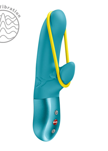 Blue and yellow electronic device with 'Vibration' icon on a white background