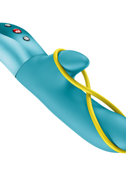 Turquoise and yellow device on a white background