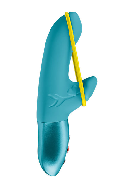 Blue and yellow device on a white background