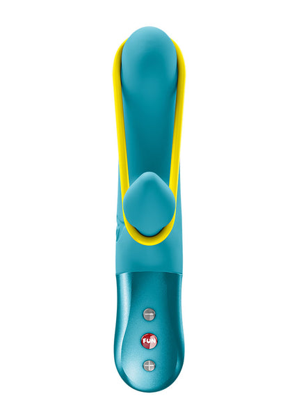 Blue and yellow electronic device on a white background