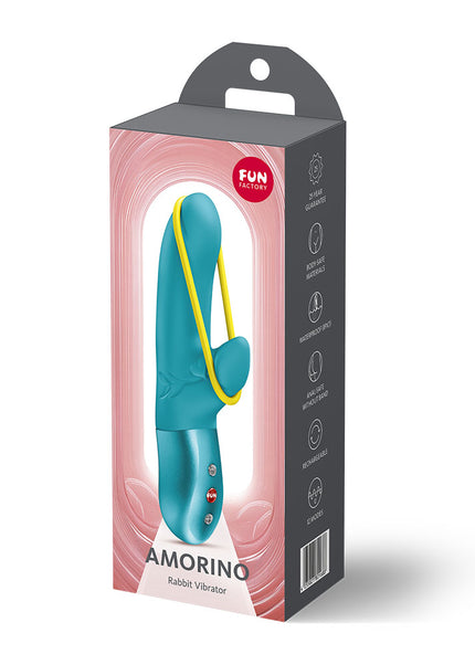 Teal and yellow toy in pink packaging with 'FUN FACTORY' branding on a white background