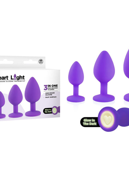 Heart Light - Purple - Purple Butt Plugs with Glow in Dark Bases - Set of 3 Sizes