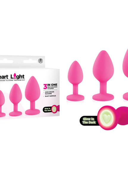 Heart Light - Pink - Pink Butt Plugs with Glow in Dark Bases - Set of 3 Sizes