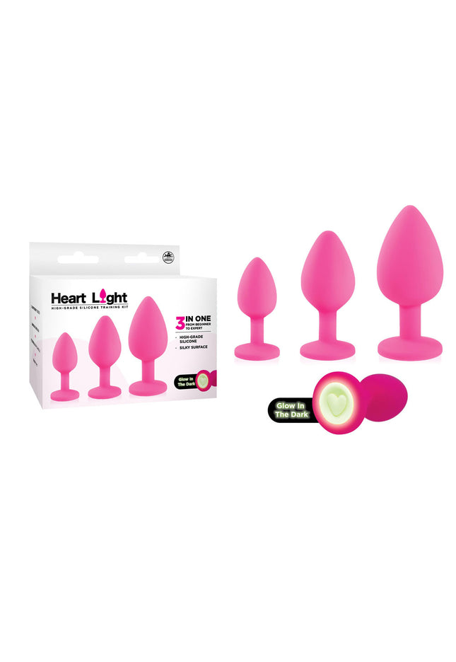 Heart Light - Pink - Pink Butt Plugs with Glow in Dark Bases - Set of 3 Sizes