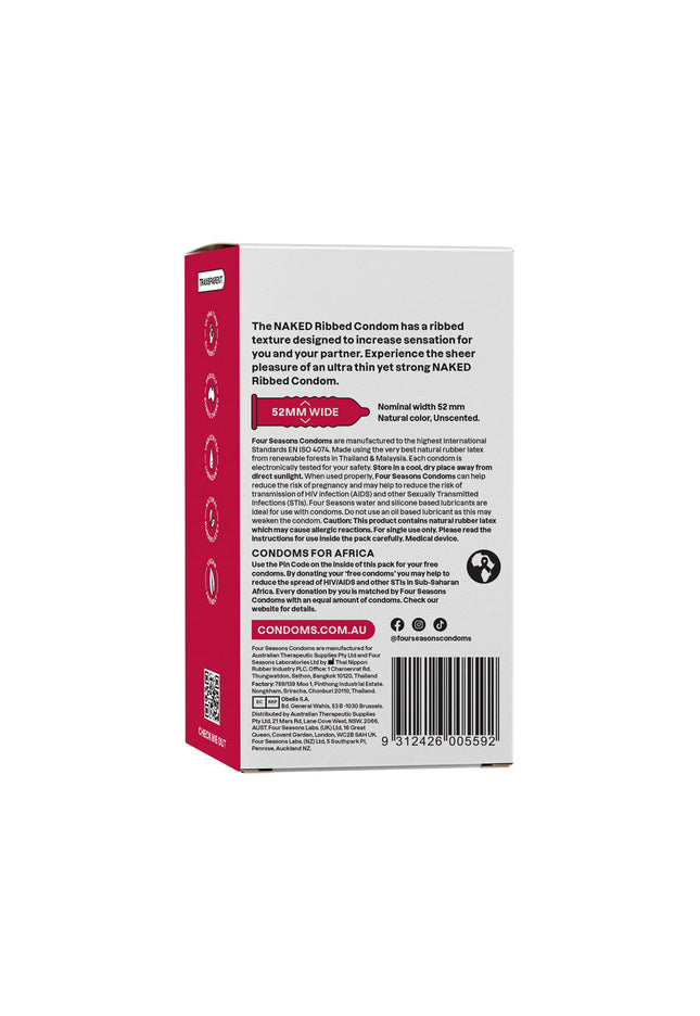 Naked Ribbed - Ultra Thin Ribbed & Lubed Condoms - 12 Pack