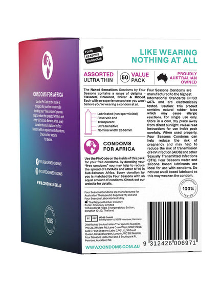 Four Seasons Naked Sensations Condoms - Assorted Ultra Thin Lubricated Condoms - 50 Pack
